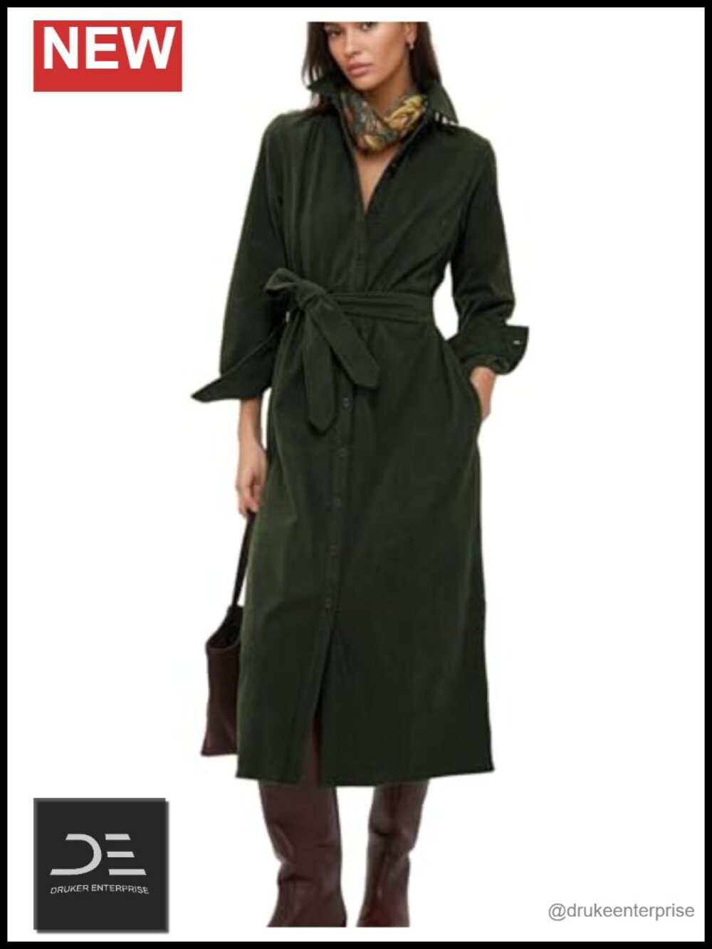 Corduroy Midi Shirt Dress Long Sleeve Collared Button Front Belted with Pockets
